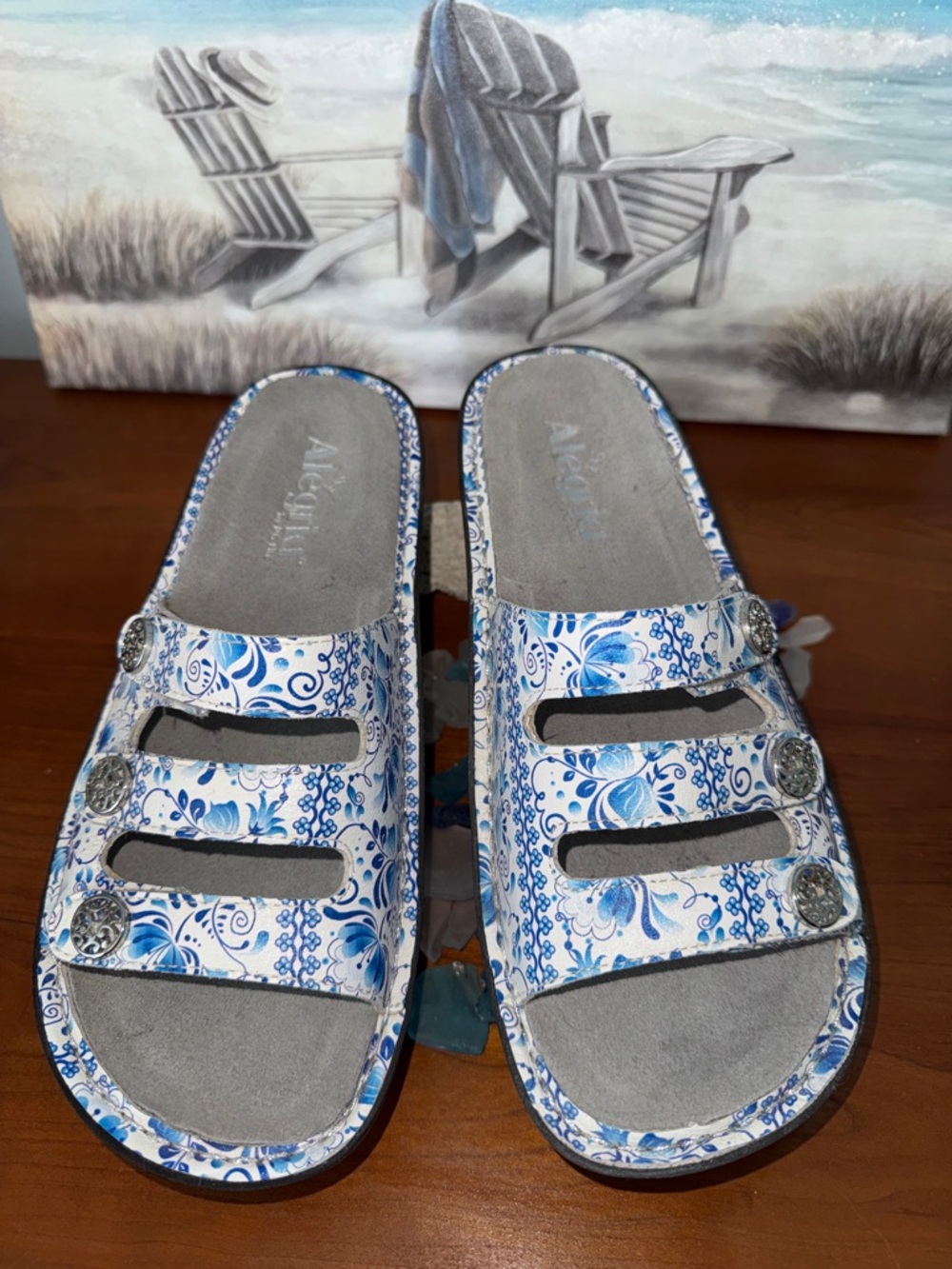 Alegria Blue and White Floral Triple-Strap Slide Sandals
